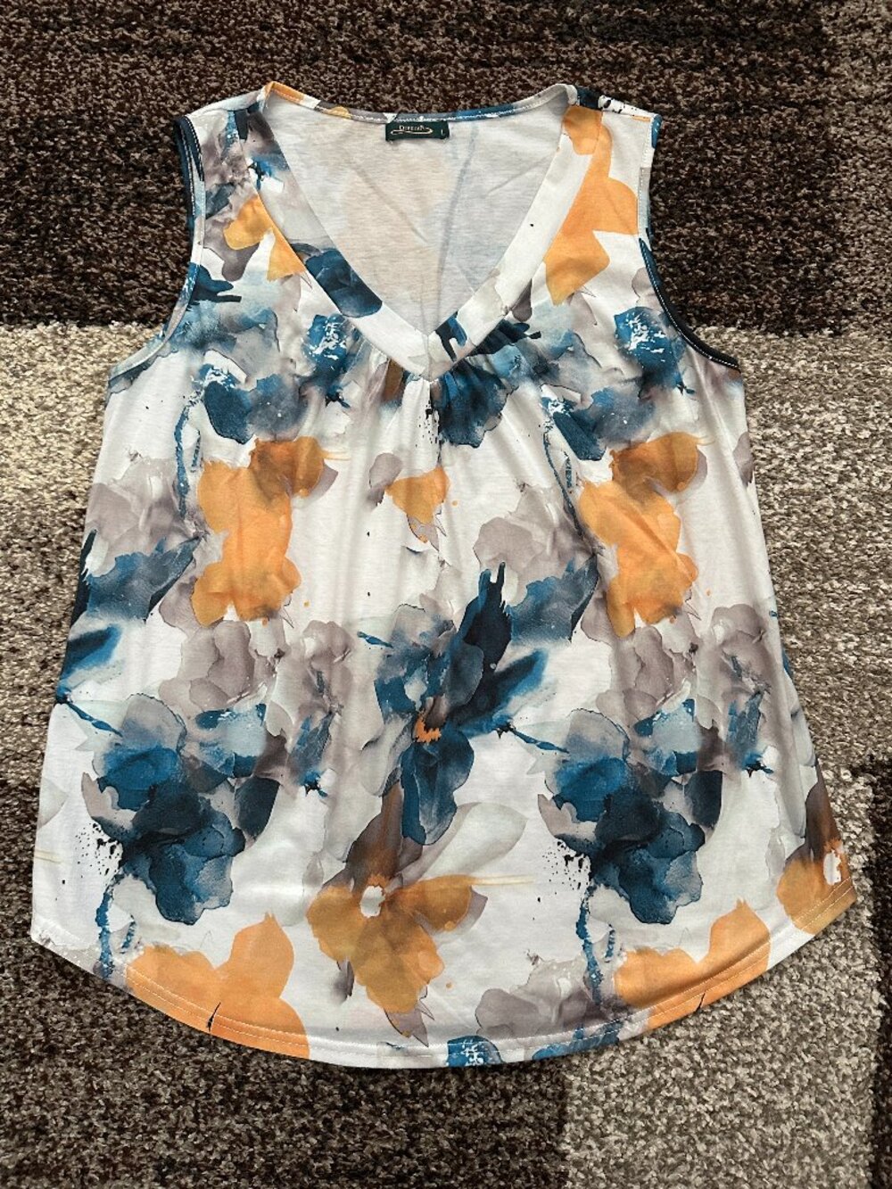 OFEEFAN (L) Yellow Blue Floral V-Neck Loose Flowy Tank Top White Gray Gathered